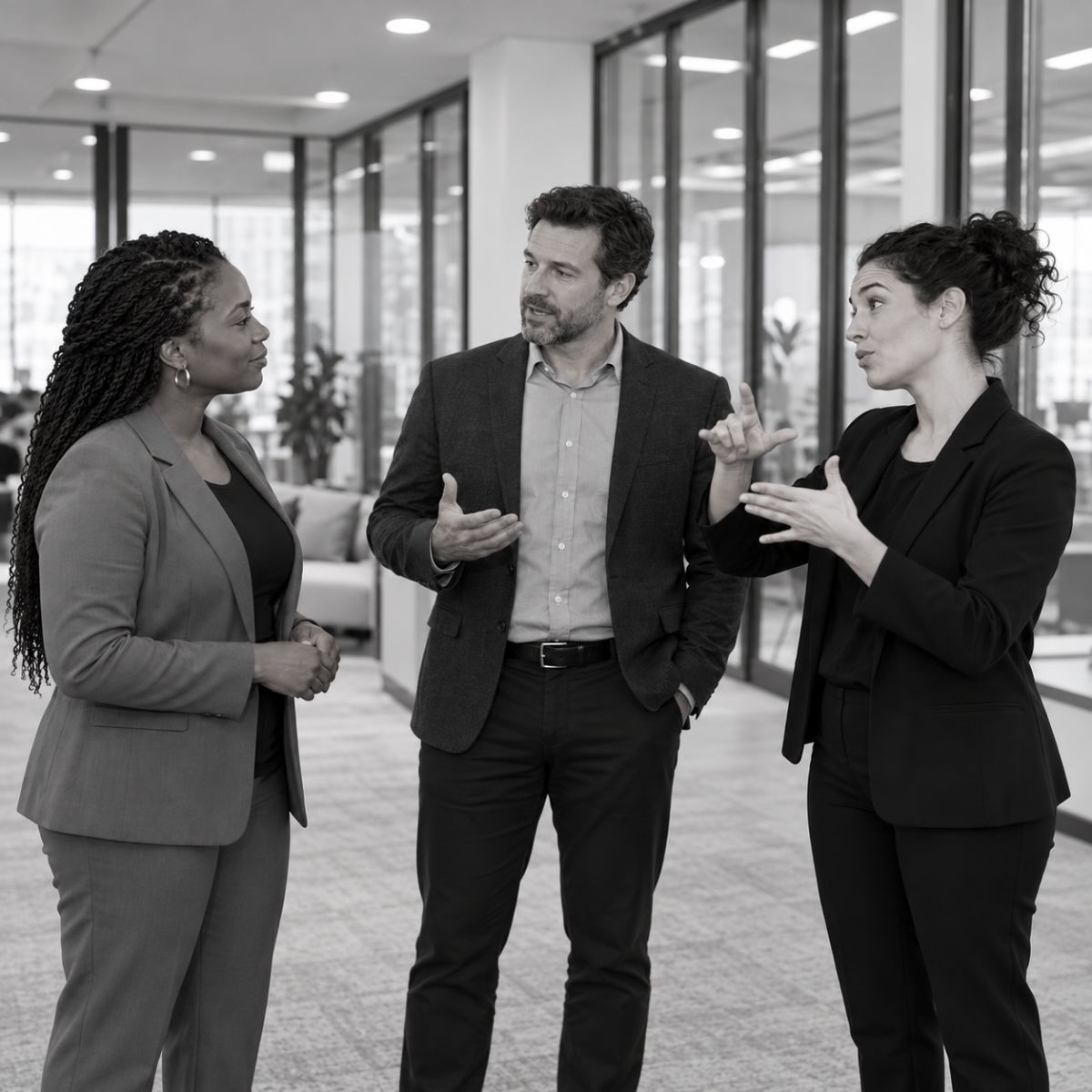 An interpreter signing during a conversation between two colleagues in an office